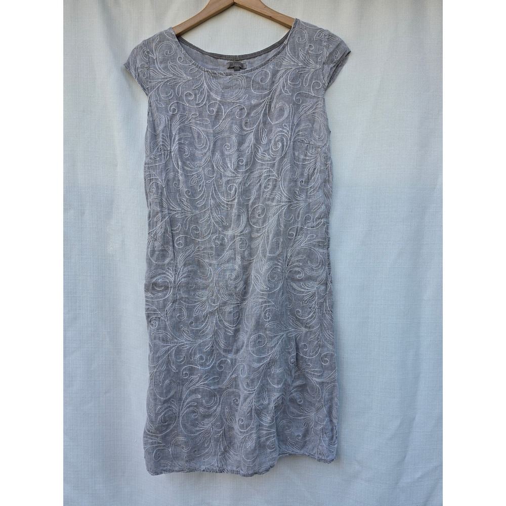 Lina Tomei Italy Taupe Linen Embroidered Shift Dress Pockets Large Lagenlook